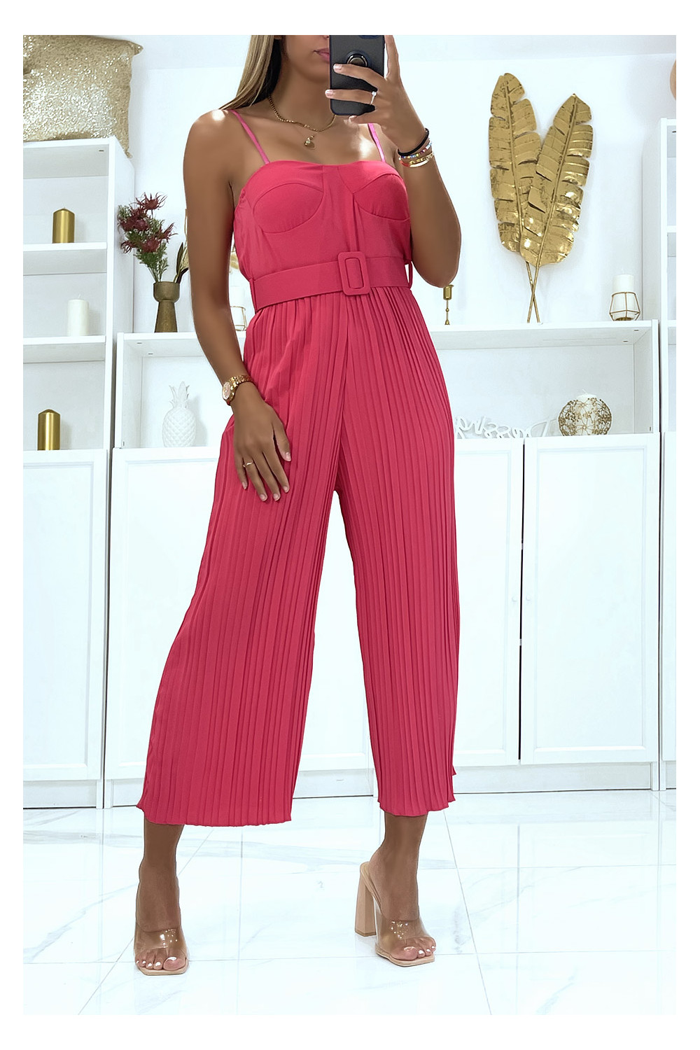 pedaal Rijk Aas Fuchsia pleated sleeveless bustier-effect voile jumpsuit with belts