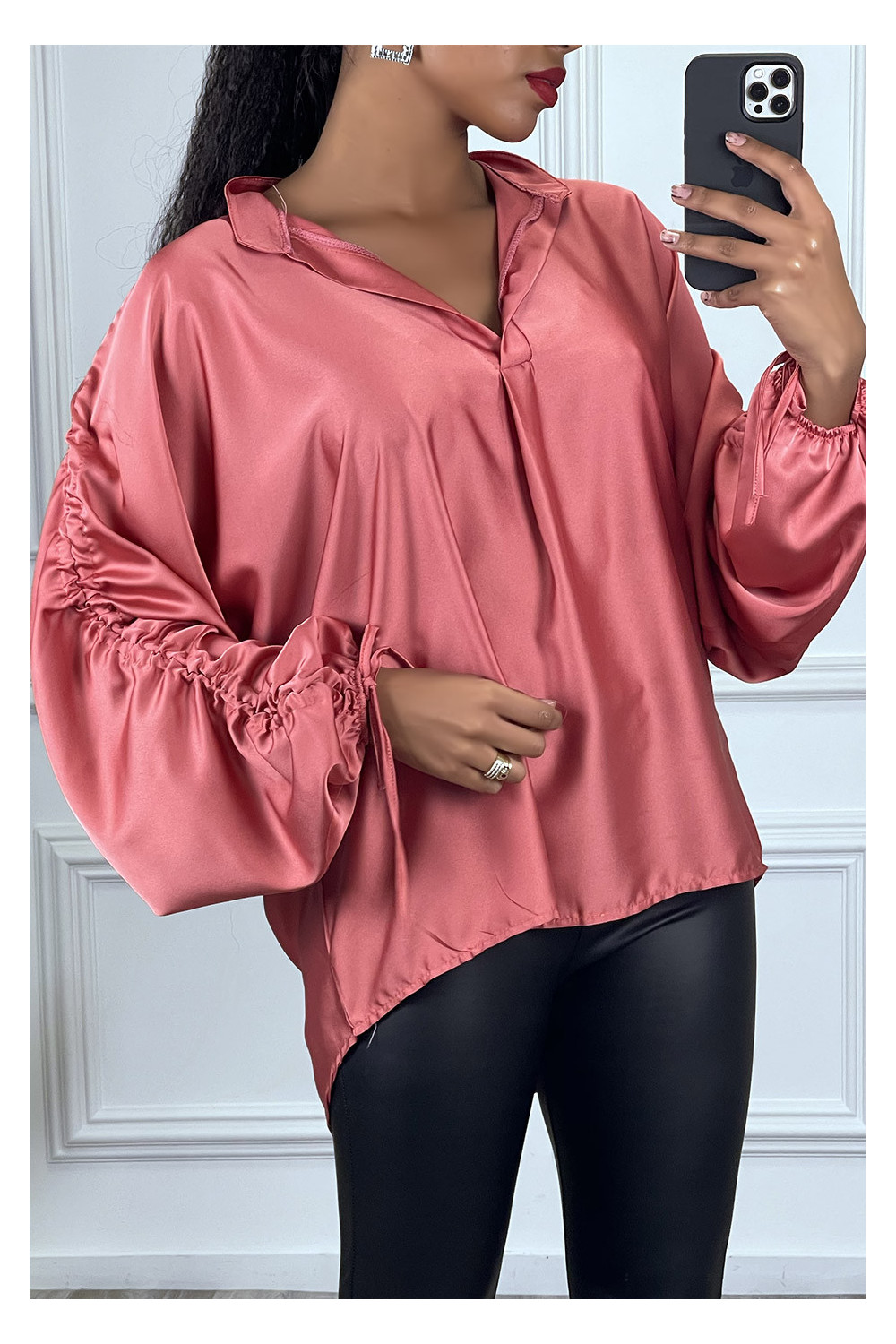 Fuchsia satin blouse with roll-up puff sleeves