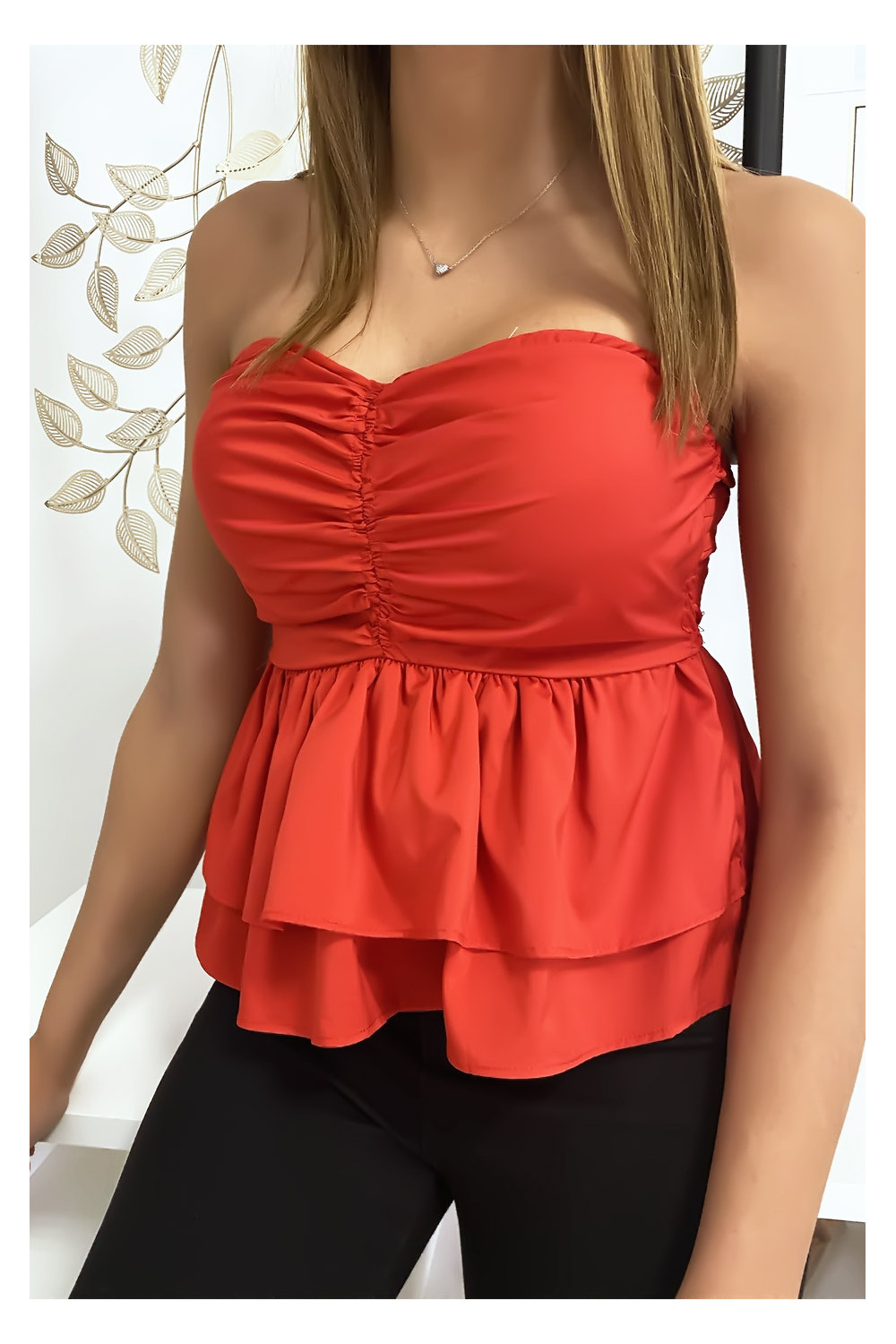 Red bustier with ruffle and gathers