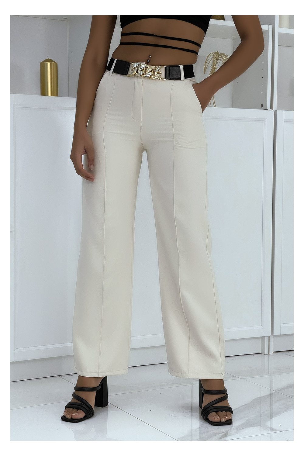 Beige palazzo pants with belt pockets and pleats