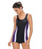 Black and purple one-piece swimsuit with dress effect