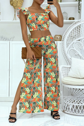 solitario exprimir Lechuguilla Magnificent floral orange set with elephant leg trousers with slits on the  sides and crop top