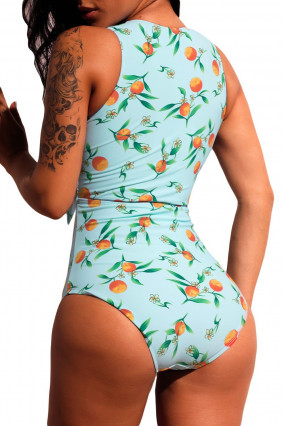 Blue one-piece swimsuit with fruits