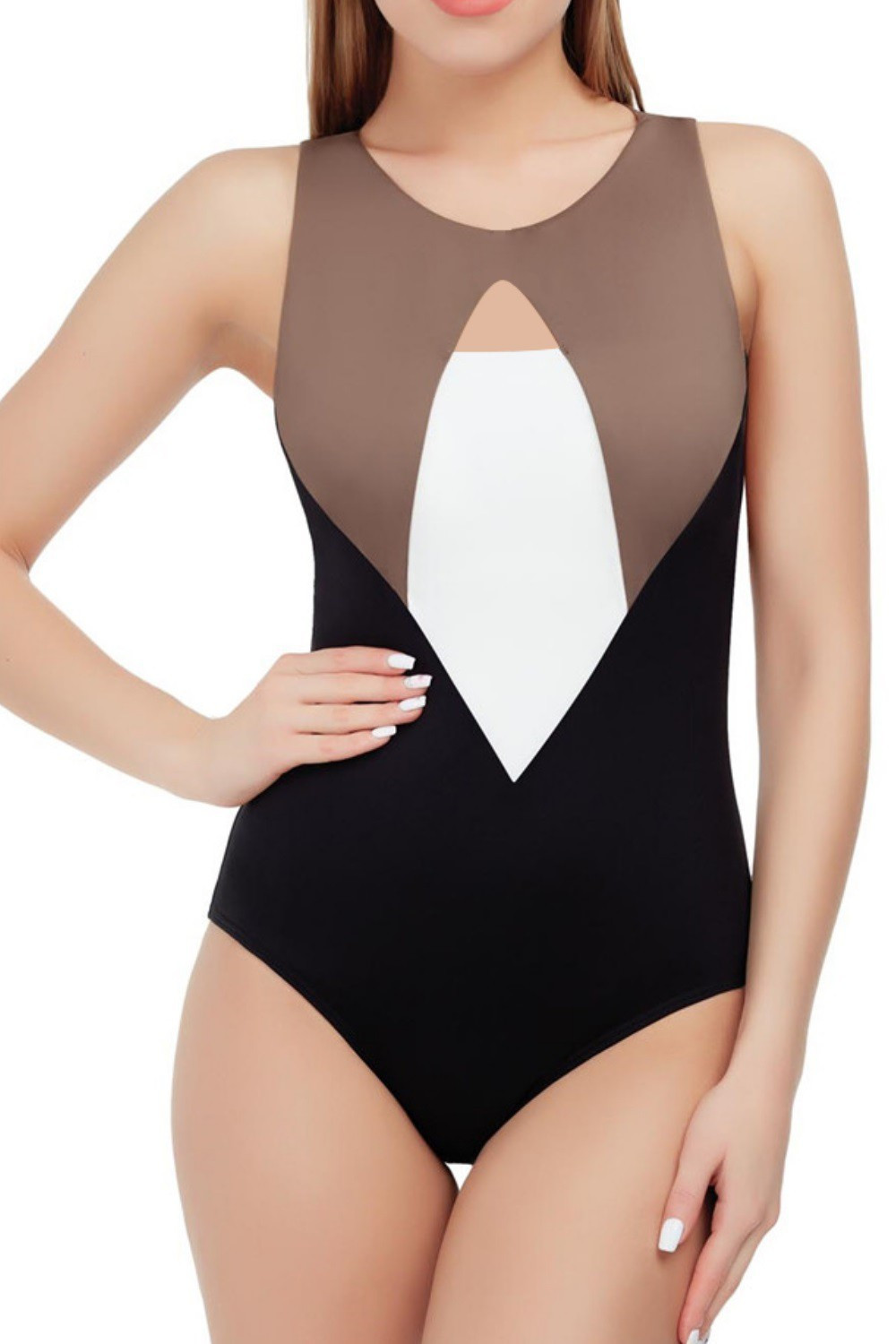 Black and brown one-piece swimsuit