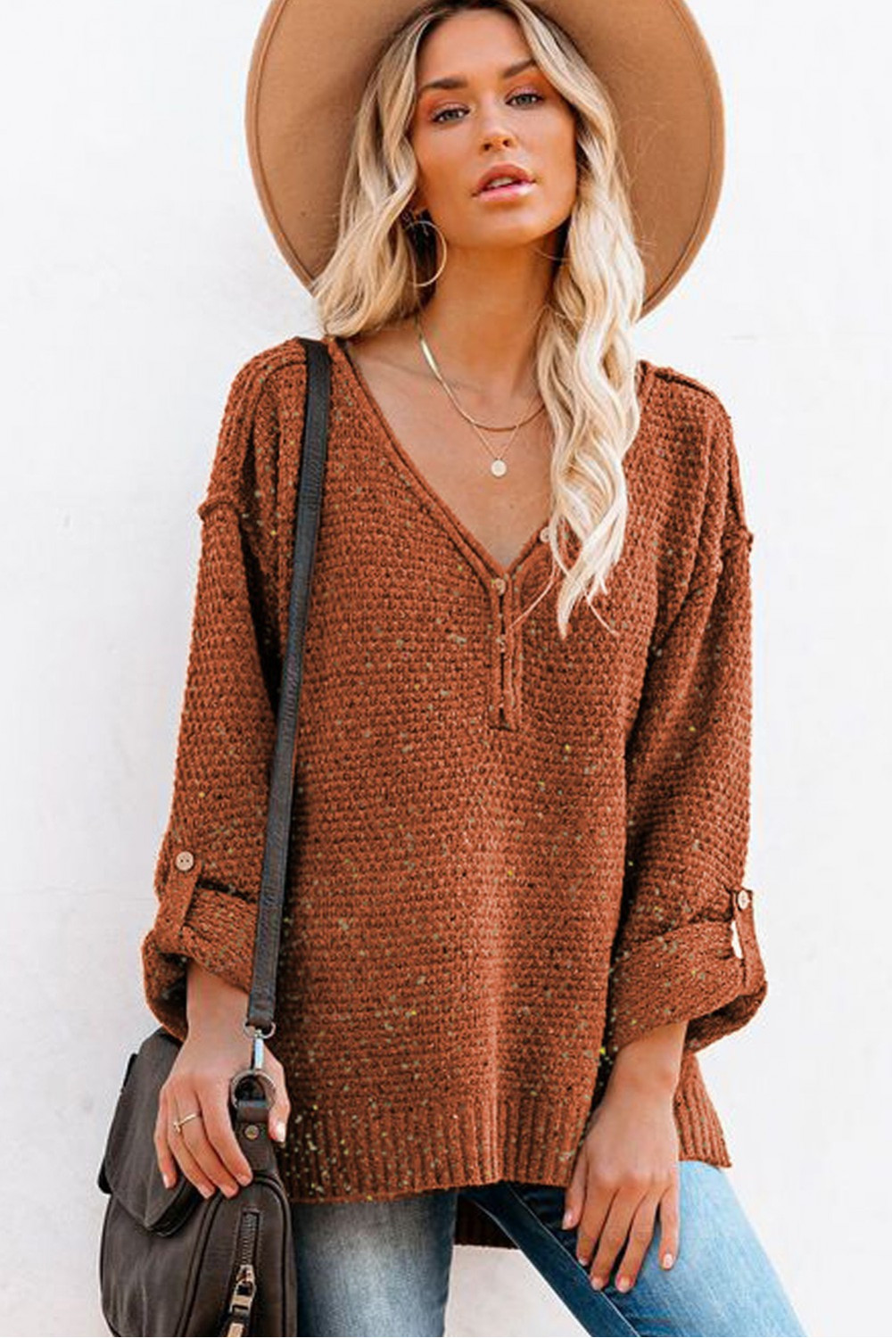 Brown knitted sweater with dropped shoulders
