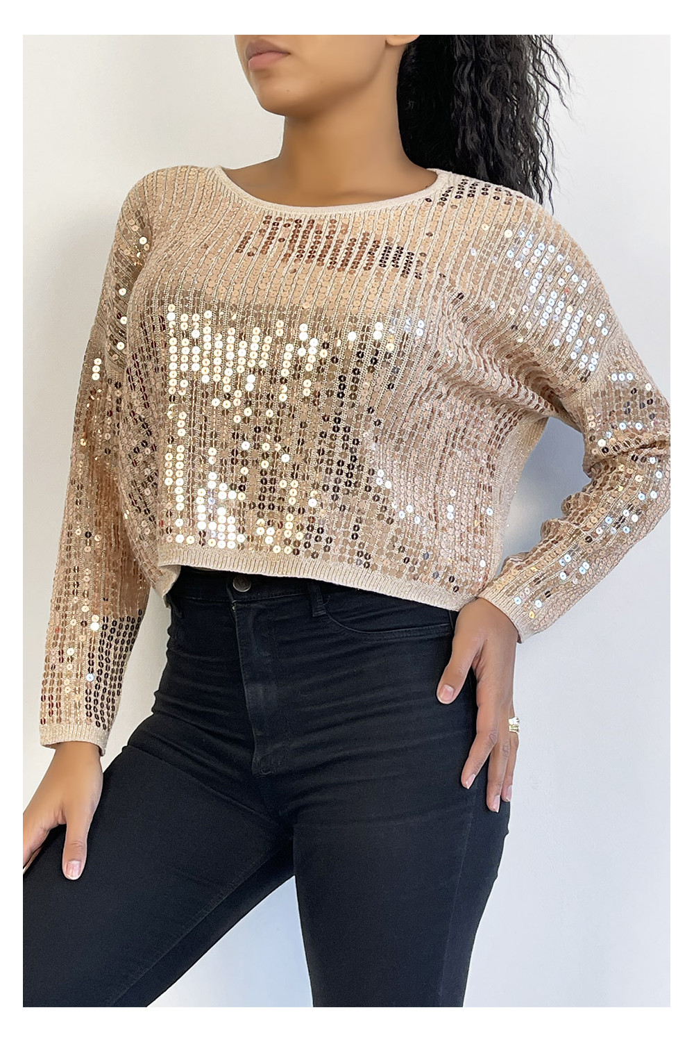 Short taupe glitter sweater in knit trendy round neck
