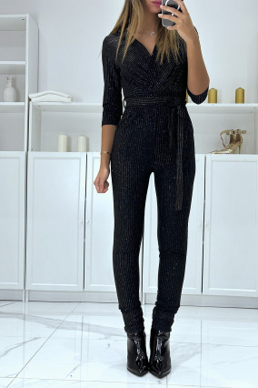 Black evening jumpsuit with silver stripe and crossover collar