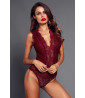 Lace tanga bodysuit with wide burgundy straps
