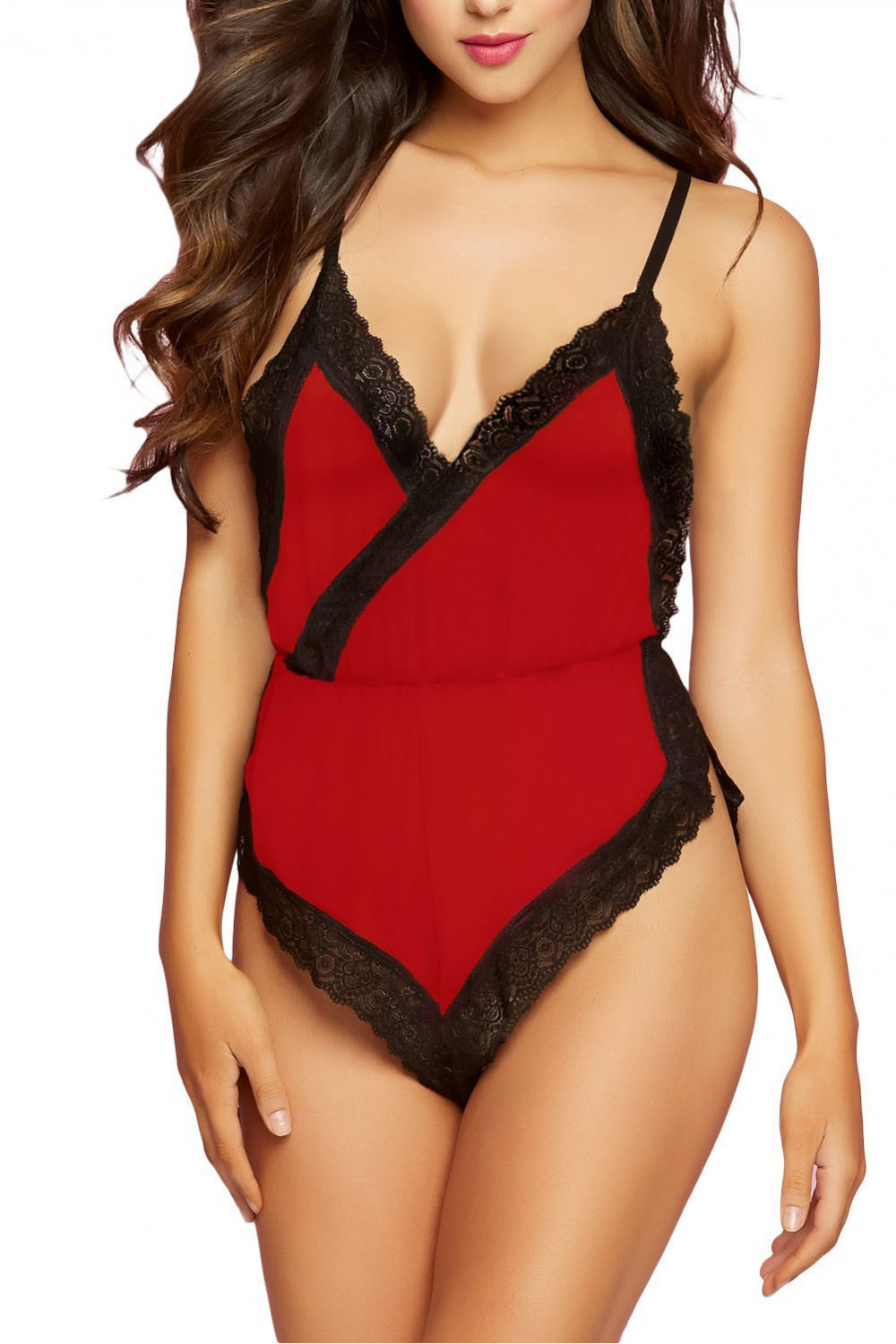 Voile and lace boyshort bodysuit, red