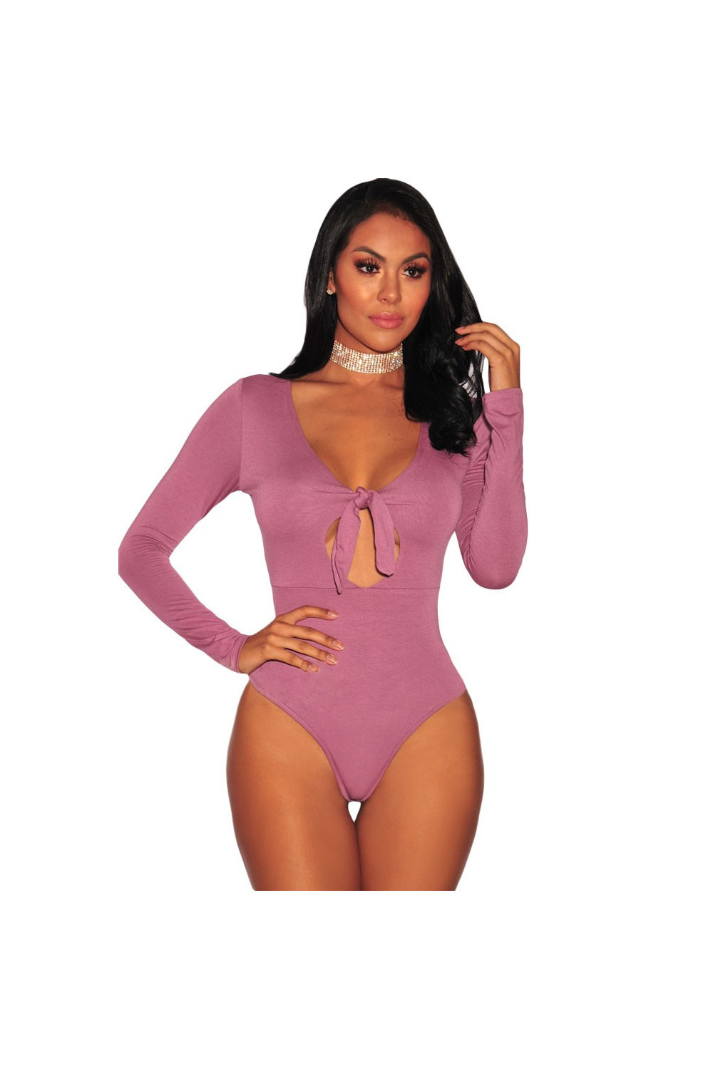 V-neck long sleeve bodysuit with pink bow