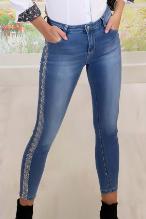 High-waisted rhinestone jeans