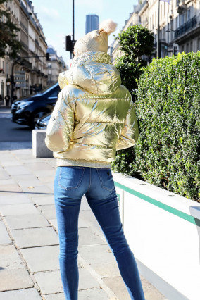Short metallic gold puffer jacket