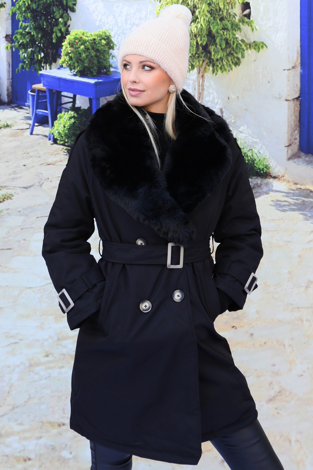 Black synthetic fur lined trench coat