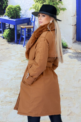 Camel synthetic fur lined trench coat