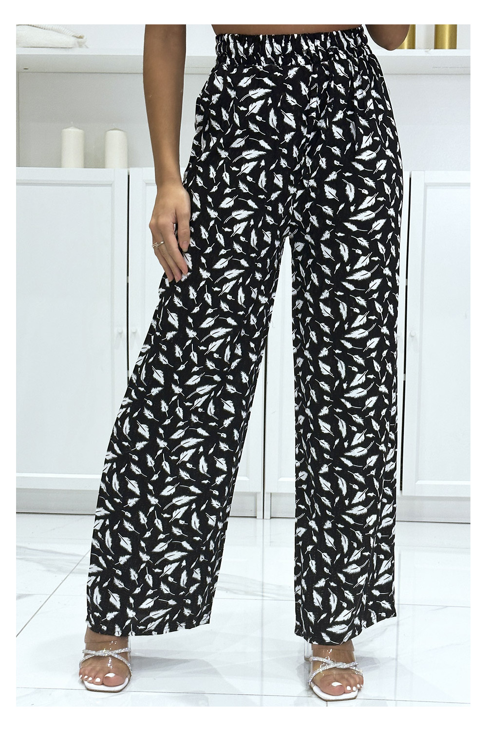 Black cotton palazzo pants with leaf pattern