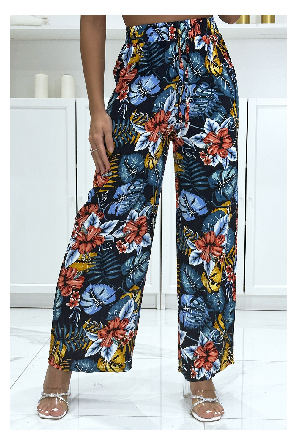 Palazzo pants with sublime navy pattern