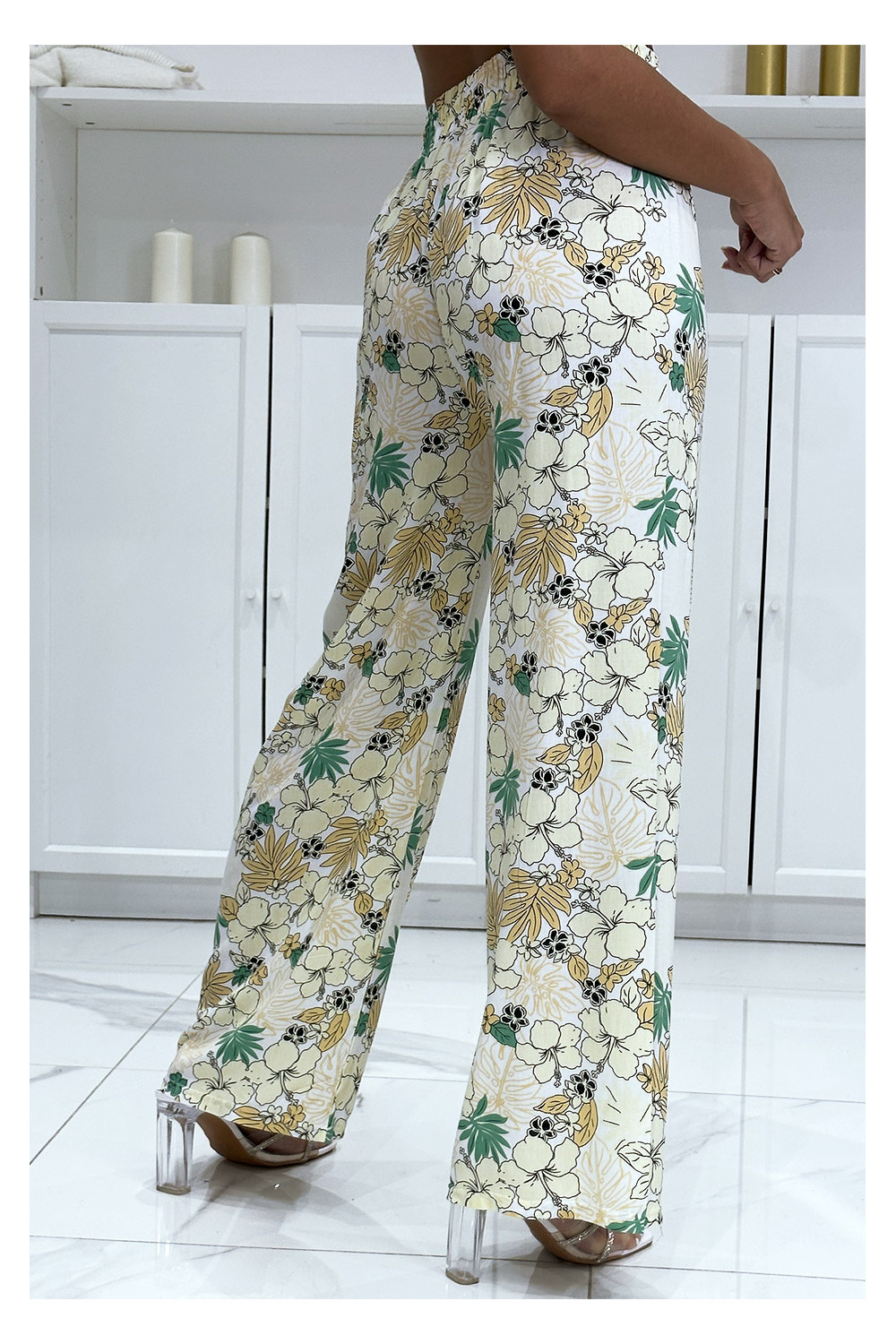 Beige palazzo pants with flower and leaf pattern
