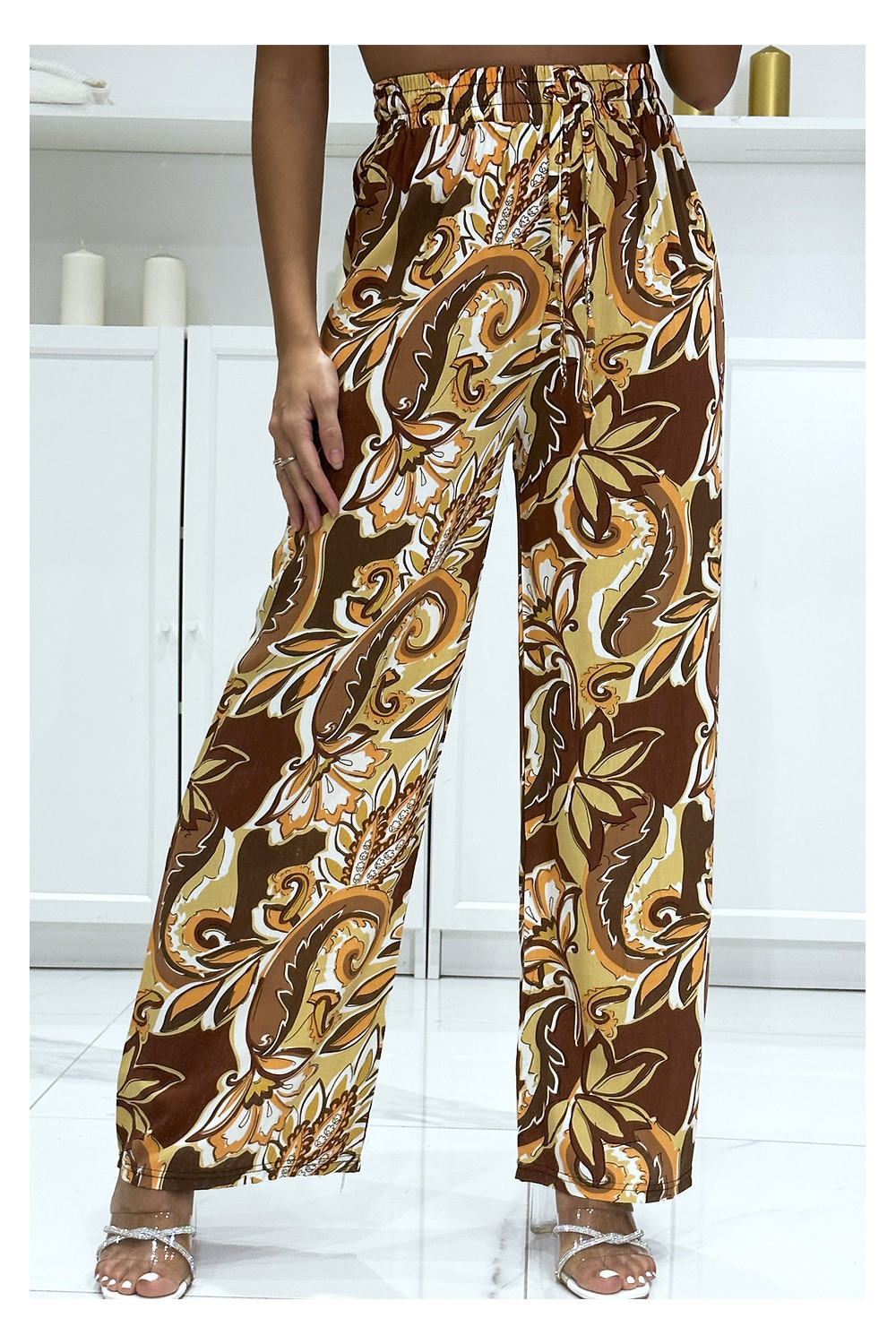 Camel cotton palazzo pants with pretty pattern