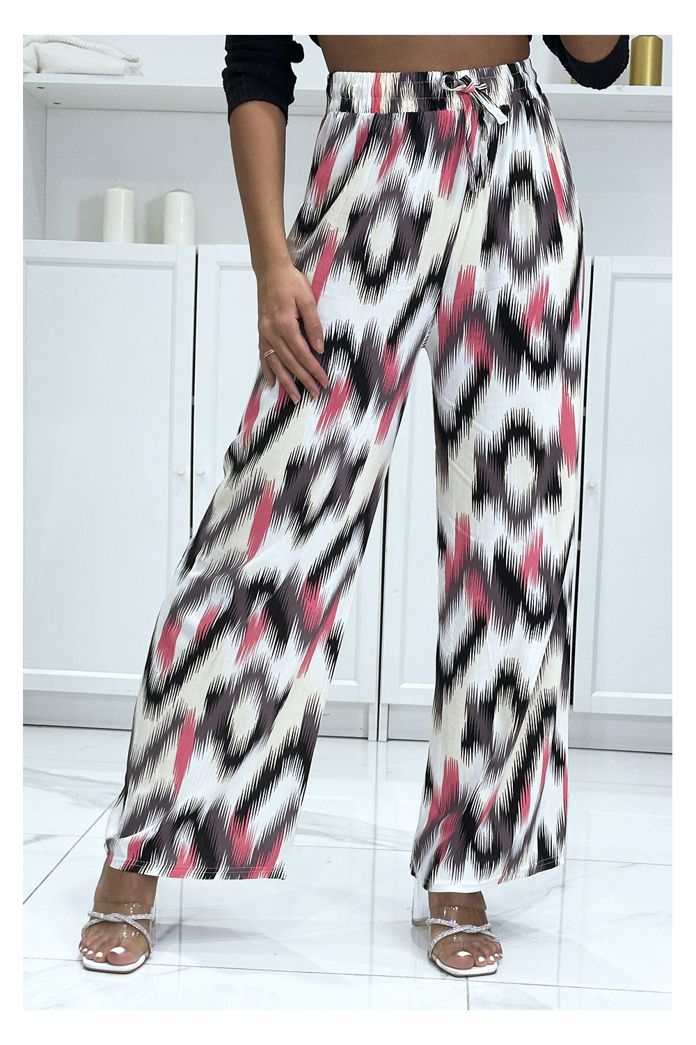 Black and pink palazzo pants with pretty colorful pattern