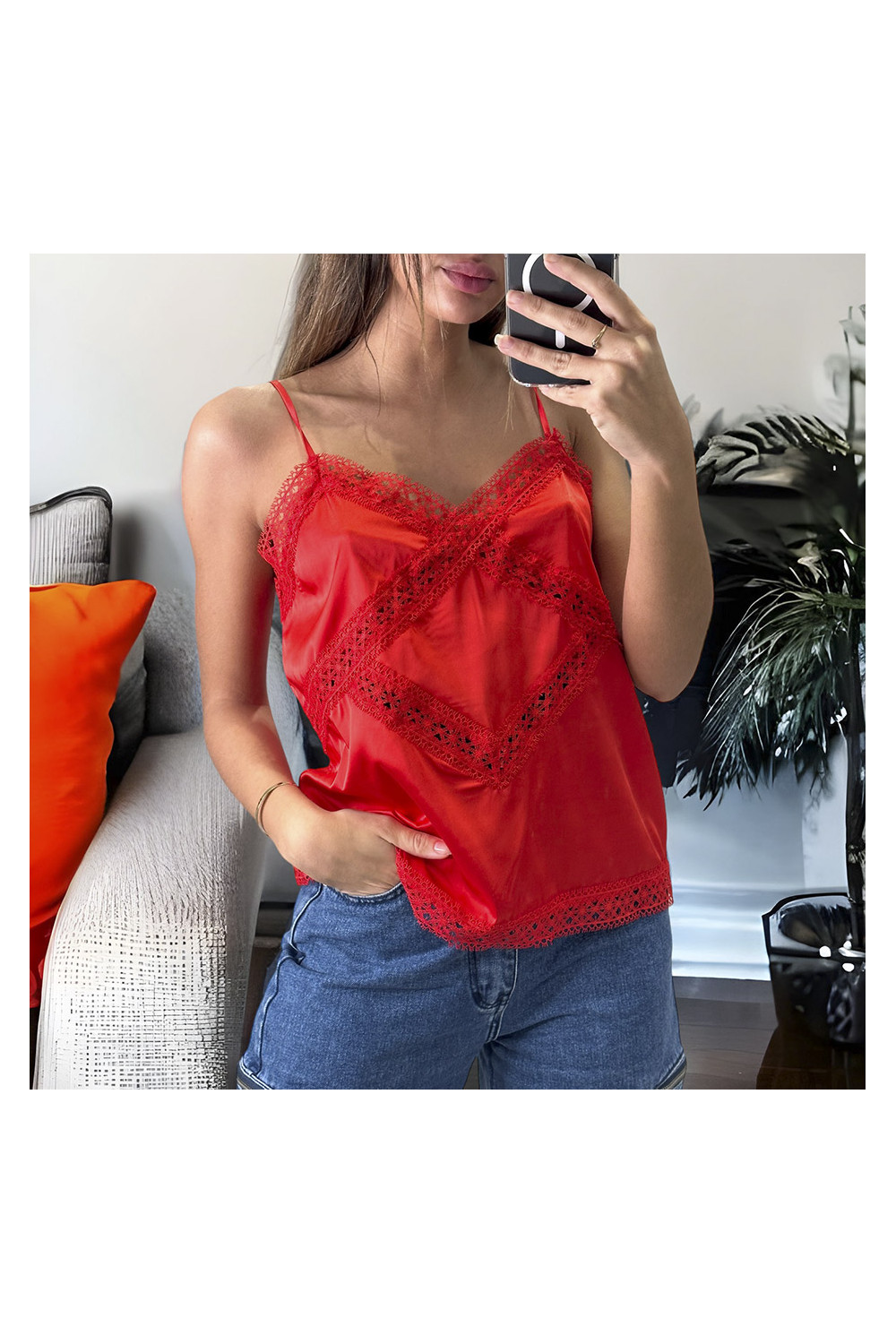 Red satin tank top with women's fashion