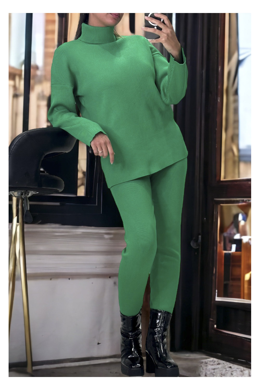 Green oversized turtleneck sweater stretch jeggings set