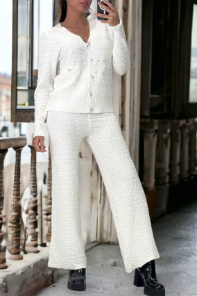 Ensemble blanc gilet et pantalon palazzo en jaquard très extensible - 3