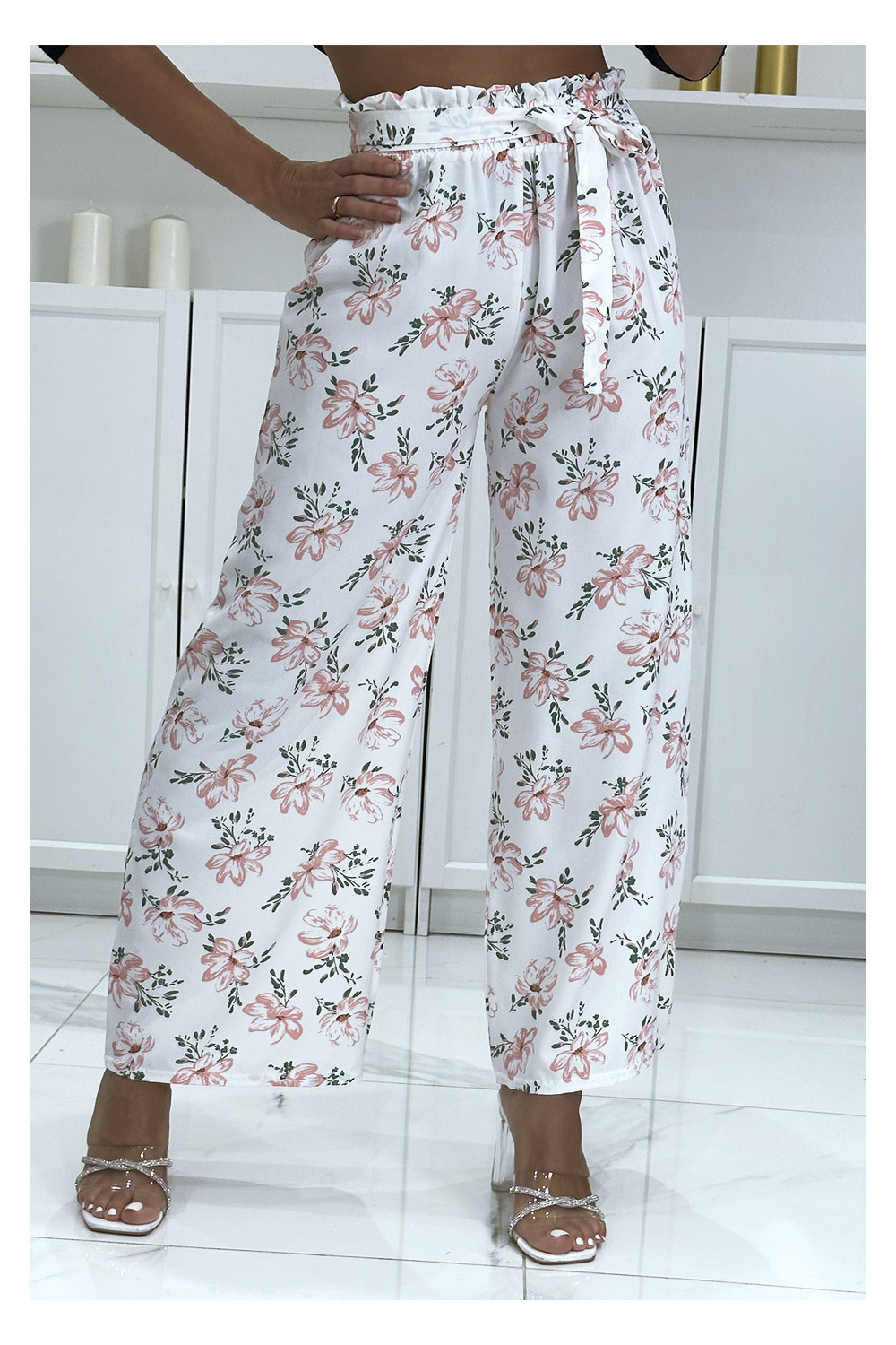 White palazzo pants with floral pattern