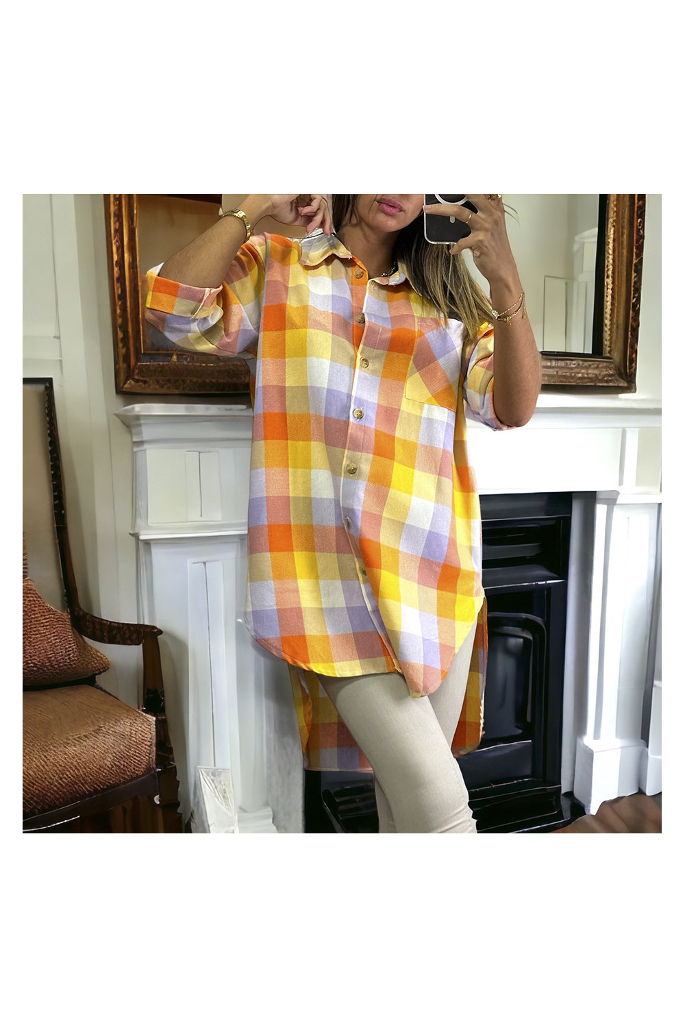 Long checked shirt with blue - Women's fashion sale