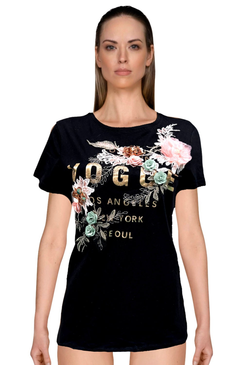 T-shirt nera con stampa floreale