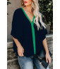 Navy blue blouse with green V-neck