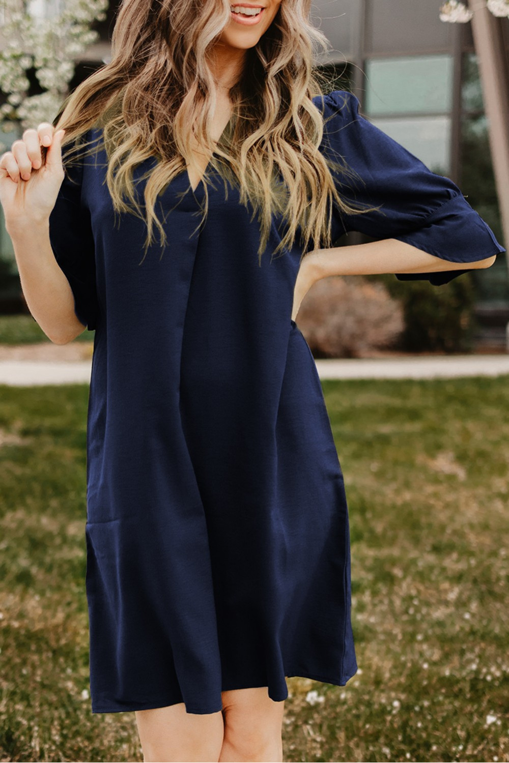 Blue shift dress with ruffled sleeves