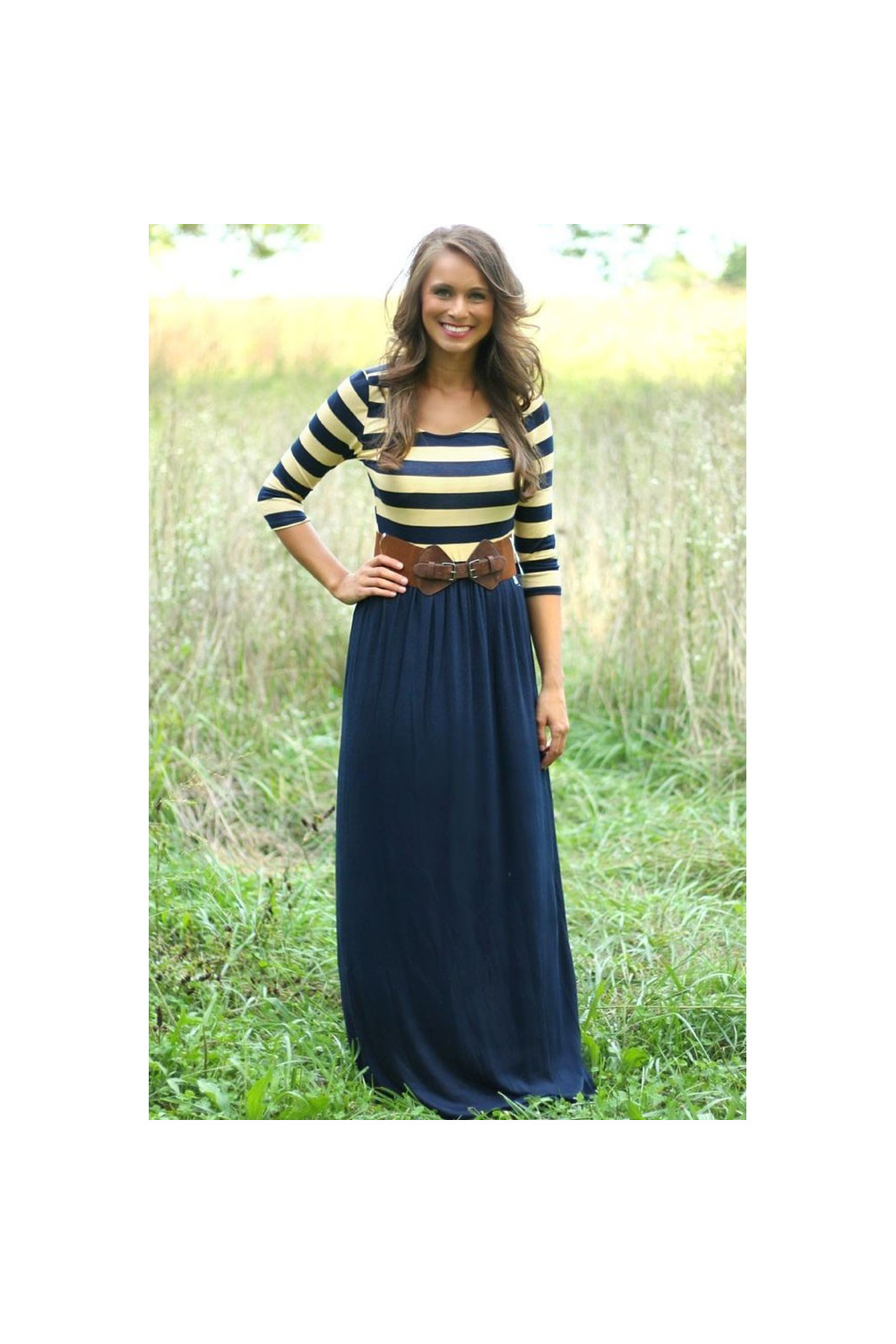 Blue striped high low long dress