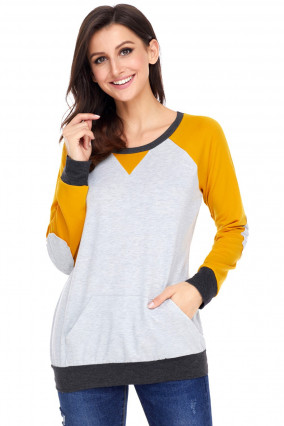 Gray sweater with yellow sleeves