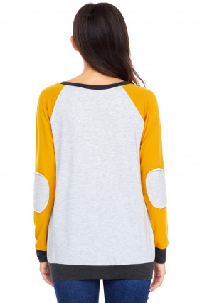 Gray sweater with yellow sleeves