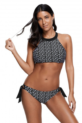 Black 2-piece swimsuit with white polka dots