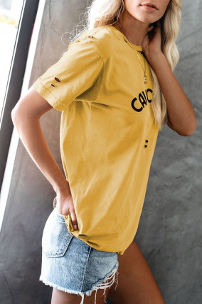 T-shirt jaune imprimé noir