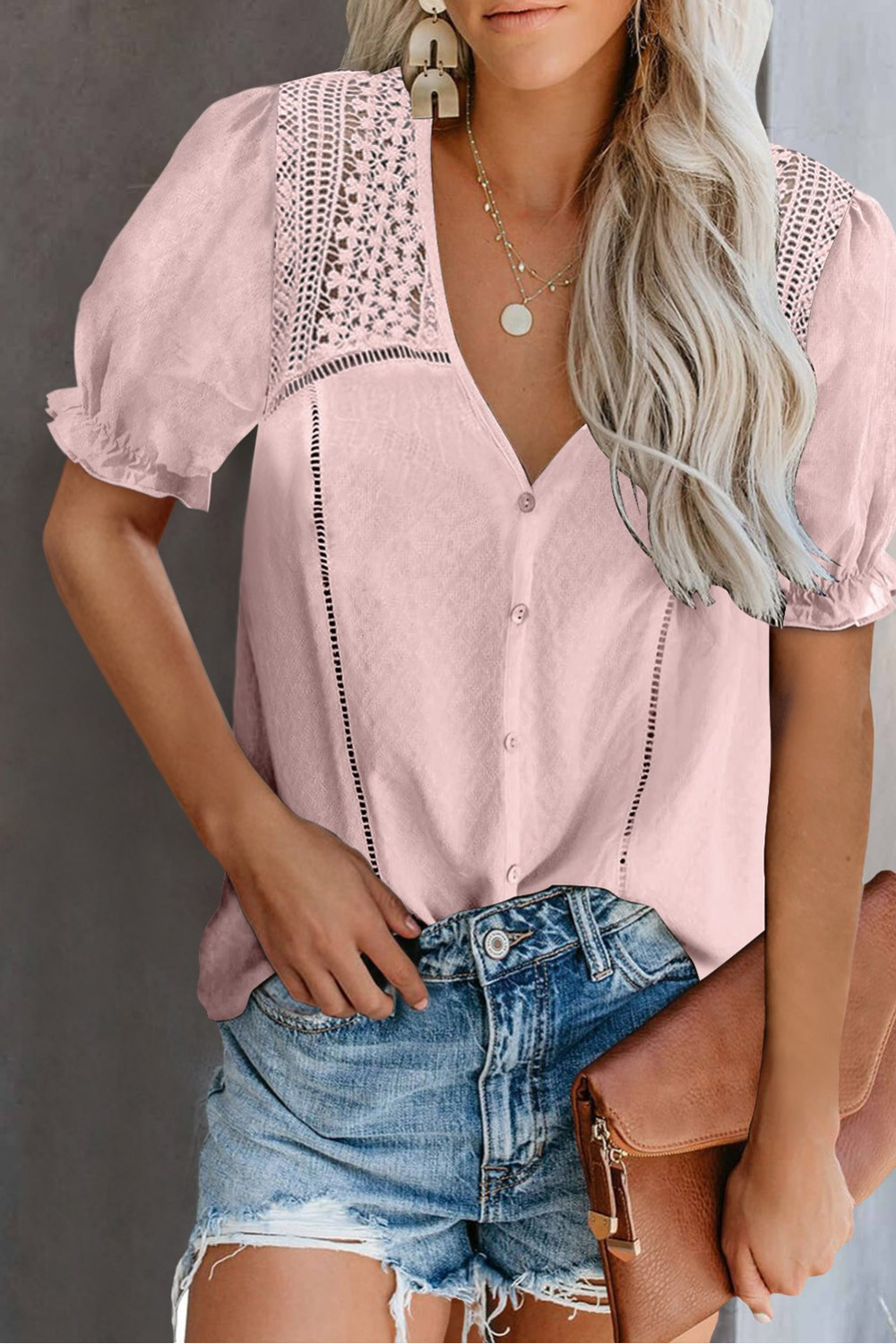 Pink crochet blouse with short sleeves