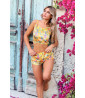 Pijamas de mujer, pijamas cortos - Pijama efecto terciopelo con fondo floral amarillo de la talla S a la XL