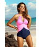 One-piece pink and navy blue swimsuit with veil