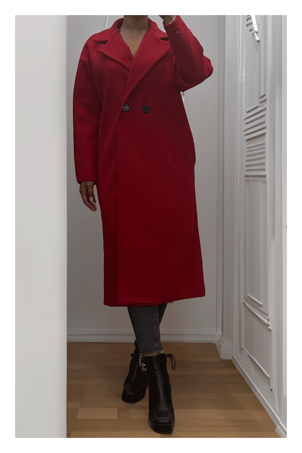 Long flowing red trench coat