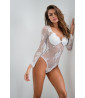 White long-sleeved fishnet and lace bodysuit