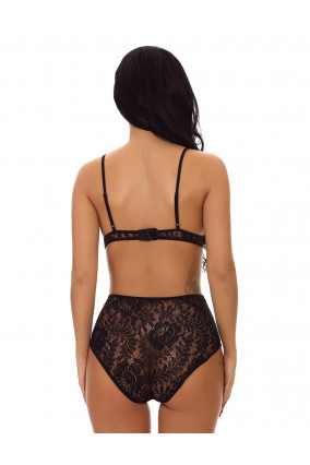 Black lace bodysuit with ties on the chest
