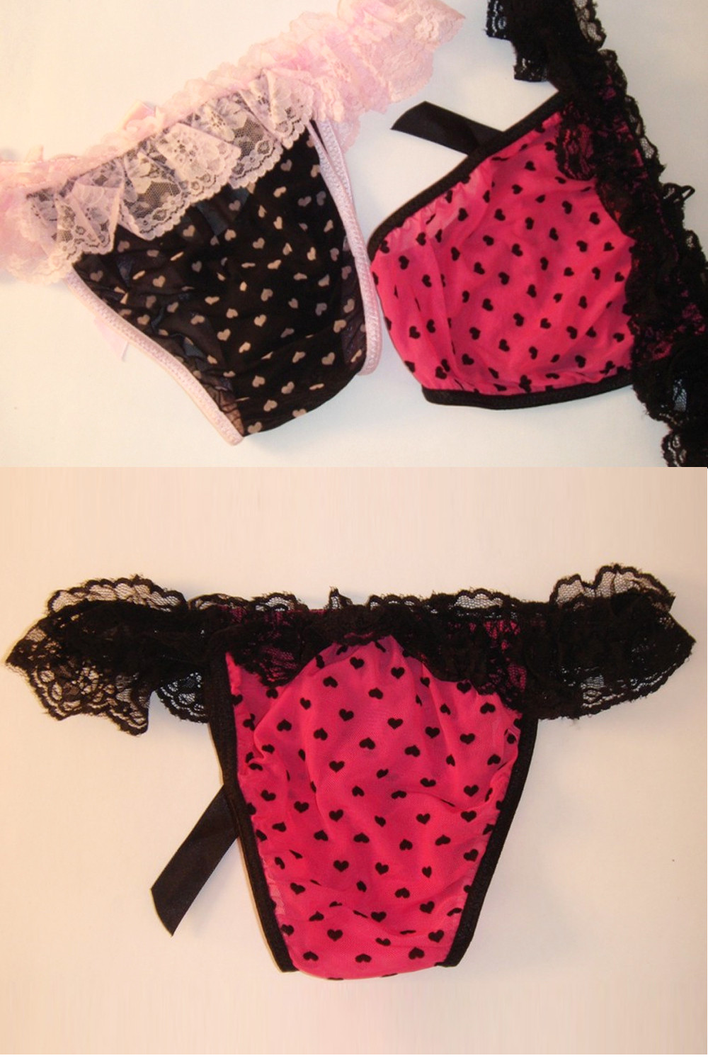 Tanga with heart patterns and lace finish