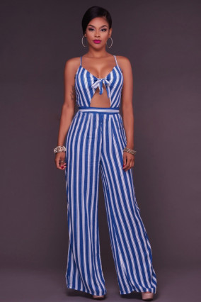 Dark blue and white striped jumpsuit