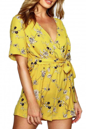 Combishort jaune avec fleurs - Soldes mode féminine