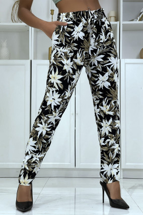 Pantalon fluide noir à motif floral B-10 - 1
