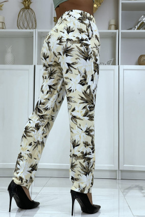 Pantalon fluide beige à motif floral B-10 - 3