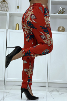 Pantalon fluide rouge à motif floral B-36 - 2