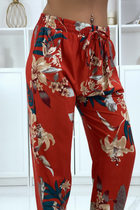 Pantalon fluide rouge à motif floral B-36 - 3