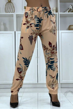 Pantalon fluide rose à motif floral B-36 - 1
